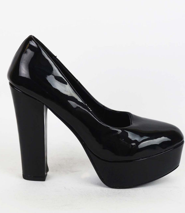 scarpa decollete tacco alto quadrato nero lucido da donna con plateau